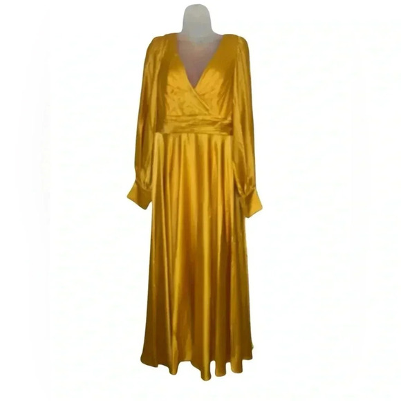 Mac Duggal New 67847 Marigold Split Bishop Sleeve Wrap Flowy Gown Size 10 - Picture 4 of 10